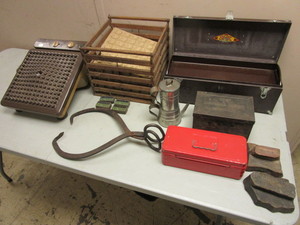 lot 143 image: ANTIQUE ICE BLOCK TONGS, DIAMOND MATCH CO. BOX, BELLS WAX VESTAS TINS, VINTAGE PEDIO MACHINE, MORE