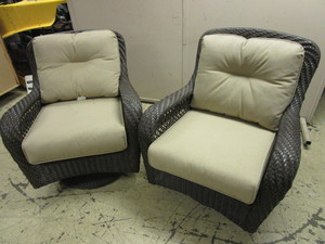 lot 166 image: RATTAN GLIDERSWIVEL PATIO CHAIRS WITH SUNBRELLA FABRIC CUSHIONS