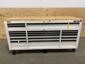 lot 39 image: Heavy-Duty 72 in. W 18-Drawer, Deep Tool Chest Mobile Workbench in White with Adjustable-Height Hardwood Top