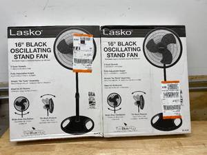 lot 42 image: Lot of 2-Lasko 16-in 3-Speed Indoor Black Stand Fan
