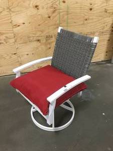 lot 74 image: Jasper Ridge White Galvanized Steel w Wicker Back Swivel Captain Outdoor Dining Chair with Red Cushion