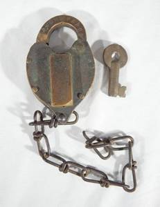 lot 21 image: Antique Chicago, Milwaukee, St. Paul and Pacific Railroad Lock With Key and Chain