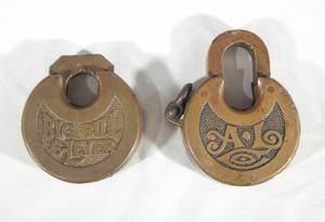 lot 27 image: Set of Two Antique Brass Pancake Padlocks