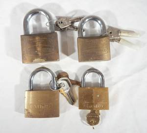lot 38 image: Lot of 4 Ideal Security, Master Lock and Abus Brass Padlocks With Keys