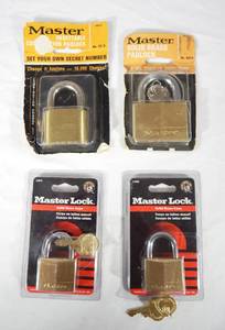 lot 51 image: Lot of 4 New Master Lock Brass Padlocks