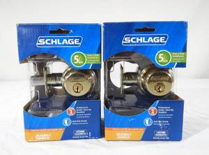 lot 107 image: Set of 2 New Schlage Bright Brass Deadbolt Door Locks
