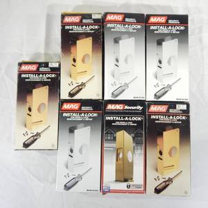 lot 126 image: Lot of 7 New Assorted Mag Install-A-Lock Door and Lock Reinforcers