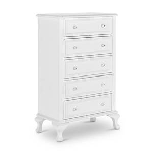 lot 201 image: Picket House Furnishings, Jenna 5-Drawer White Chest, JS700CH - Missing legs Some Chips RH Side Bottom Drawer Area.