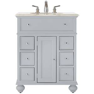 lot 203 image: Home Decorators Collection Hampton Harbor 28 in. Vanity in Dove Grey with Natural Marble Vanity Top in White with White Sink, BF-22267-DG - Cracked Top