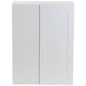 lot 208 image: 2 Hampton Bay Cambridge Shaker Assembled 27x36x12.5 in. Blind Wall Corner Cabinets with 1 Soft Close Door in White, CM2736L-WH - NEED SOME WORK.