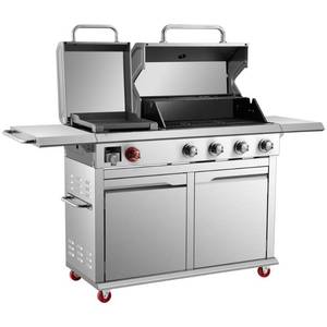 lot 219 image: Dyna-Glo  4-Burner Propane Gas Grill in Stainless Steel with Griddle, DGX440SGP - Broken Bracket, Slight Dents, Missing Some Screws, Warming Rack, Bottom Pull Handle and Drip Pan