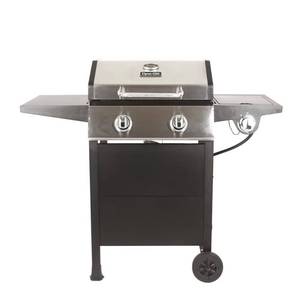 lot 220 image: Dyna-Glo 2-Burner Open Cart Propane Gas Grill in Stainless Steel and Black with Side Burner DGF350CSP-D - Missing Wheel, 1 Grate, Sideburner Cage, Cart Needs Some Attention and Some Slight Dents.