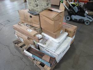 lot 202 image: WHOLESALE MIXED PALLET OF MISCELLANEOUS BATHROOM FURNITURE, BUILDING MATERIALS AND MORE