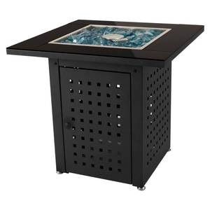 lot 244 image: Pleasant Hearth Lockwood 28 in. x 26 in. Square Steel Propane Gas Fire Pit Table in Black with Glass Fire Rocks, OFG012T