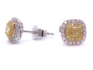 lot 18 image: 1.08 Carat Fancy Yellow and White Diamond Radiant Stud Earrings in 14k White Gold $5000 Retail