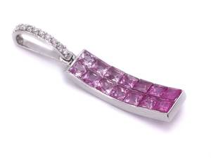 lot 34 image: New Graduating Natural Pink Sapphires and Diamond Concave Pendant in 14k White Gold $2475 Retail