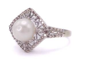 lot 44 image: Elegant and Lovely Pearl and Diamond Estate Ring in White Gold $1999 Retail