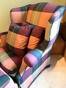 lot 22 image: Upholstered Pattern Print Chair with Matching Ottoman