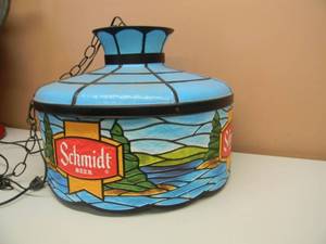 lot 2 image: VINTAGE SCHMIDT BEER TIFFANY STYLE HANGING LAMP - APPROX 16 - BLUE, WORKS - SEE PICTURES