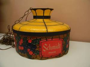 lot 3 image: VINTAGE SCHMIDT BEER TIFFANY STYLE HANGING LAMP - APPROX 16 - YELLOW, WORKS - SEE PICTURES