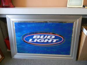 lot 5 image: BUD LIGHT BAR SIGN MIRROR - APPROX 37 BY 56 - VERY LARGE HEAVY MIRROR - SEE PICTURES
