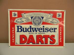 lot 42 image: BUDWEISER DART TIN SIGN - APPROX 10 BY 14 - SEE PICTURES