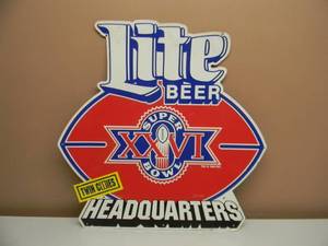 lot 51 image: MILLER LITE SUPERBOWL TIN SIGN - APPROX 22 BY 22 - SEE PICTURES