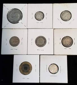 GROUP OF 8 FOREIGN COINS AS PICTURED - MOSTLY SILVER