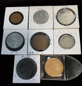 8 MIXED FOREIGN COINS & TOKENS AS PICTURED