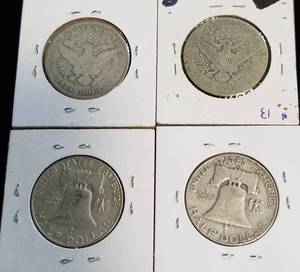 4 US SILVER HALF DOLLARS 1958-D 1959-D FRANKLINS 1900 1910-S BARBER