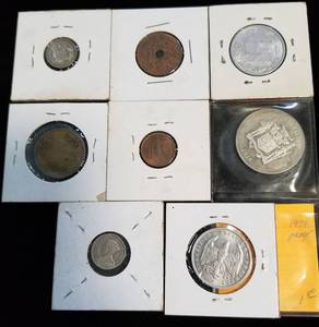 GROUP OF 8 FOREIGN COINS AS PICTURED - SOME SILVER