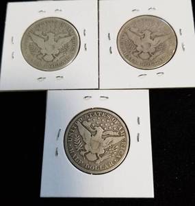 3 BARBER SILVER HALF DOLLARS 1907-D 1908-D 1911-S
