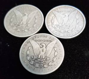3 MORGAN SILVER DOLLARS 1888 1899-O 1900-O