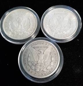 GROUP OF 3 MORGAN SILVER DOLLARS 1921 P-D-S XF-UNC IN AIRTITES