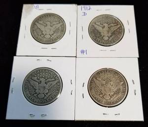 4 BARBER HALF DOLLARS 1908 1912-D 1911-S 1915-D