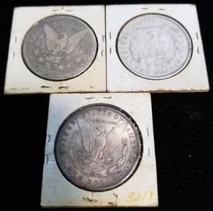 3 MORGAN SILVER DOLLARS 1886(gritty AU) 1892-O 1921-D