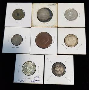 GROUP OF 8 FOREIGN COINS AS PICTURED - MOSTLY SILVER