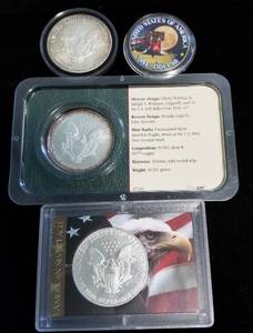 4 US DOLLARS 3X SILVER EAGLES 1X IKE (gold plated, colorized)