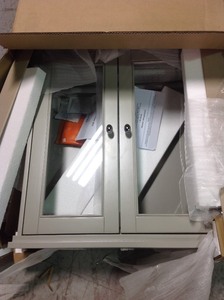 Hampton Bay Gazette 23-12 in. W x 31 in. H x 7-12 in. D Bathroom Storage Wall Cabinet with Glass Doors in Grey not used