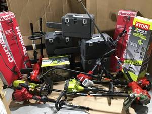 ASSORTED PALLET WITH RYOBIHOMELITE OUTDOOR LAWN EQUIPMENT SEE PICS