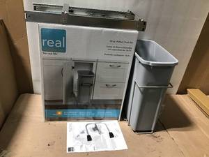 lot 81 image: 18 in. H x 8.375 in. W x 20 in. D 20 Qt. Platinum Plastic In-Cabinet Single Pull-Out Trash  Can &nbspin good condition 