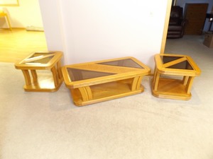 lot 45 image: Solid Wood Glass Top Coffee Table and End Tables