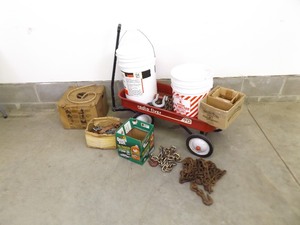 lot 152 image: Red Wagon Full of Chains, Couplers, etc.