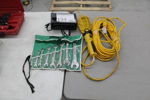 lot 153 image: Lot of (3) Worklight, Panasonic Universal Charging Station EY0230, SK Professional Tools Open End Wrench Set SAE 14 to 1 with Carry Bag