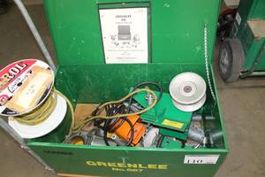 lot 110 image: Greenlee Cable Puller 444, Rolling Metal Job Box, Accessories