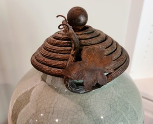 Blue Crackle Vase With Decorative Iron Lid