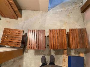 lot 382 image: Solid oak Fold up picnic tables and benches