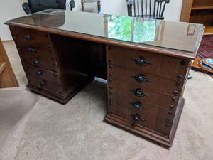 lot 311 image: Vintage Hand made and Carved Desk Made in Madrid Spain