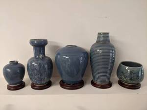 lot 320 image: Vintage Lot of hand made  Thai Ceramic vases with Rare blue celadon Finish