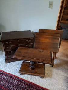 lot 324 image: Vintage solid wood Dresser , end table , and folding tables